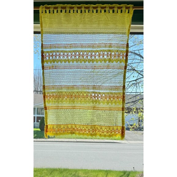 Vintage 70s cafe curtain, yellow orange embroidered, set 2 panels 1 valance - Picture 1 of 7
